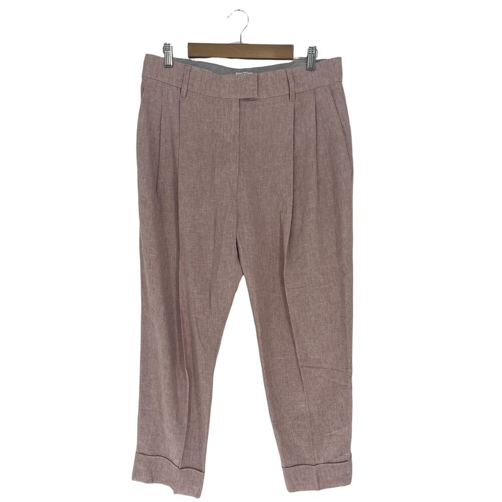 Brunello Cucinelli Relaxed Linen Pleated Cuffed Pants with Monili Chain Size 12 - Picture 2 of 10